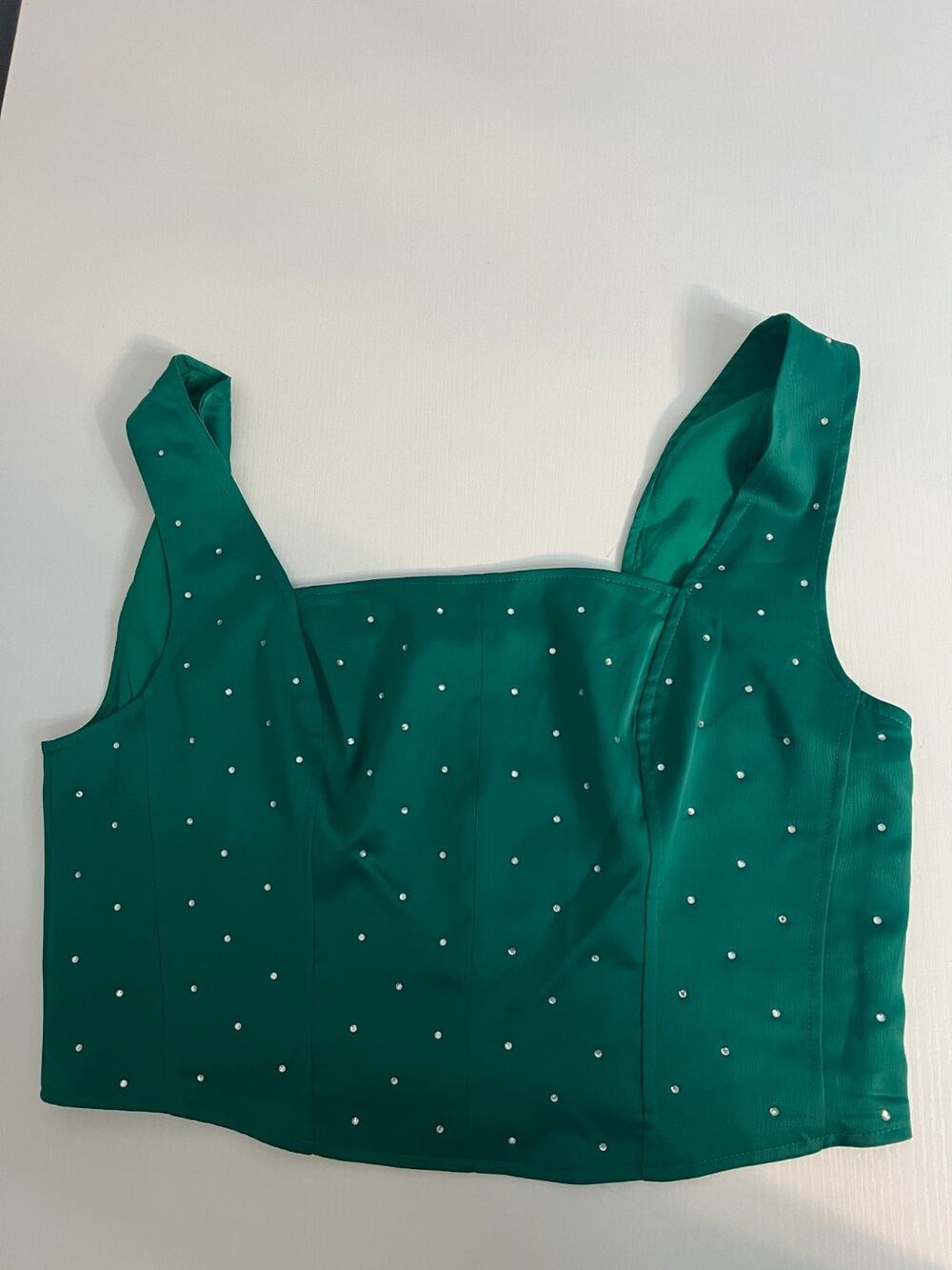 Intempo Corset Tank Top Women Large Green Embellished Smocked Wide Strap Cropped